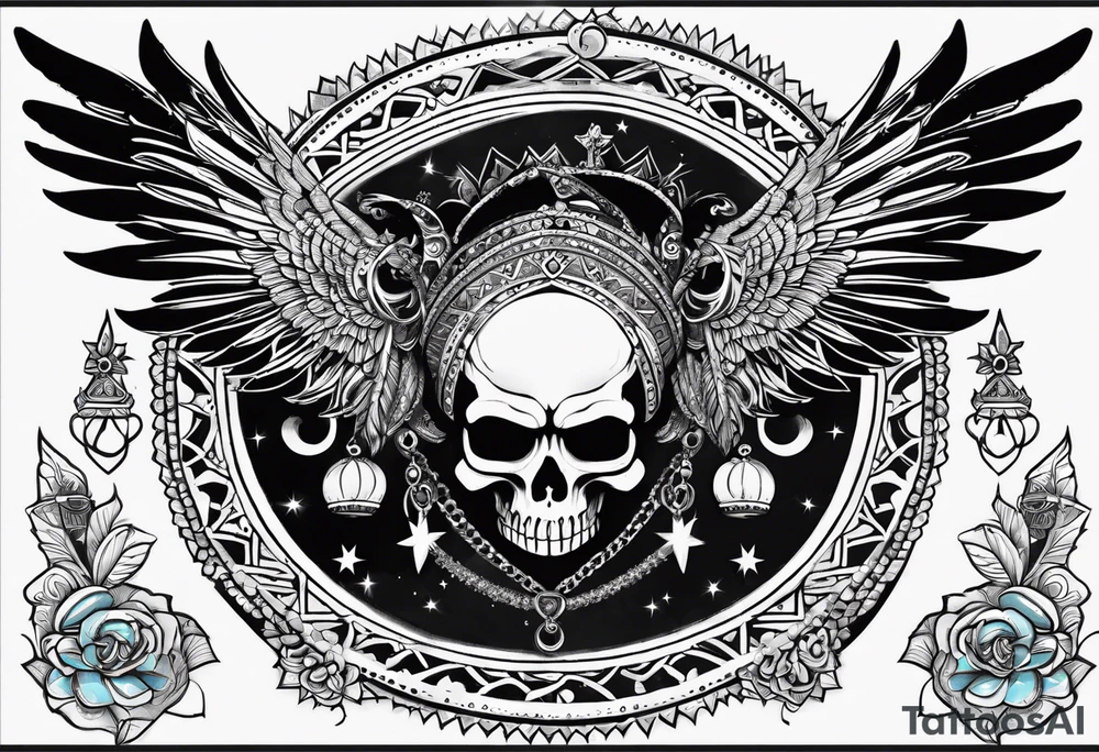 black kali, goddess pirate, alien, pachamama, valkrye, warrior, skull, lotus azul, wing, eagle, zenza resonance, stars, 5D tattoo idea