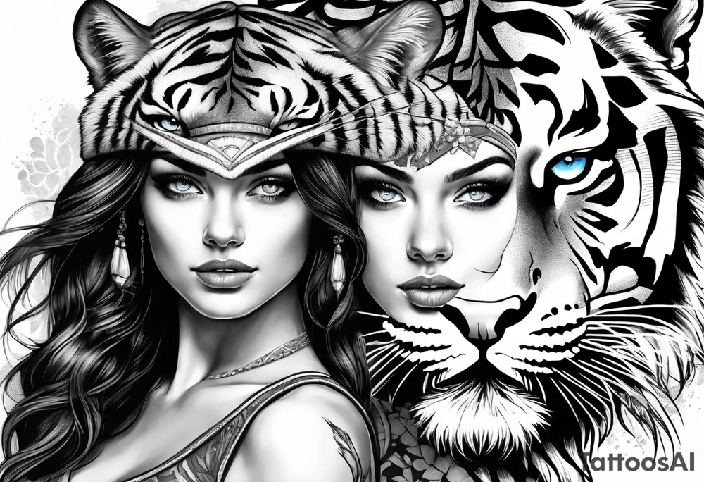 attractive brunette girl with blue eyes with aggressive tiger headdress tattoo idea