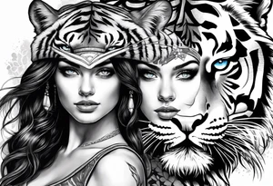 attractive brunette girl with blue eyes with aggressive tiger headdress tattoo idea