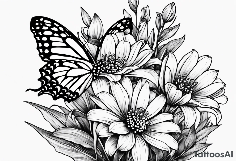 Daisies, lily of the valley, aster, butterfly tattoo idea