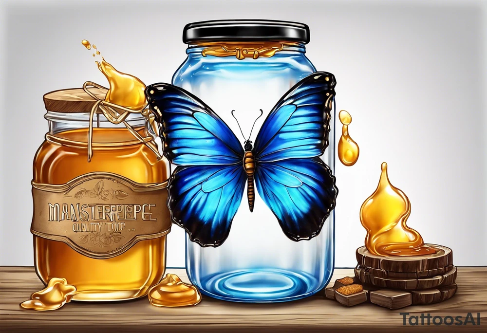 Blue morpho butterfly with a glass jar of honey with honey spilling over tattoo idea
