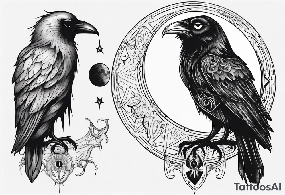 Raven on the left with the Sun. Owl on the right with Moon. Mystic. Dark Demonic Energy. tattoo idea