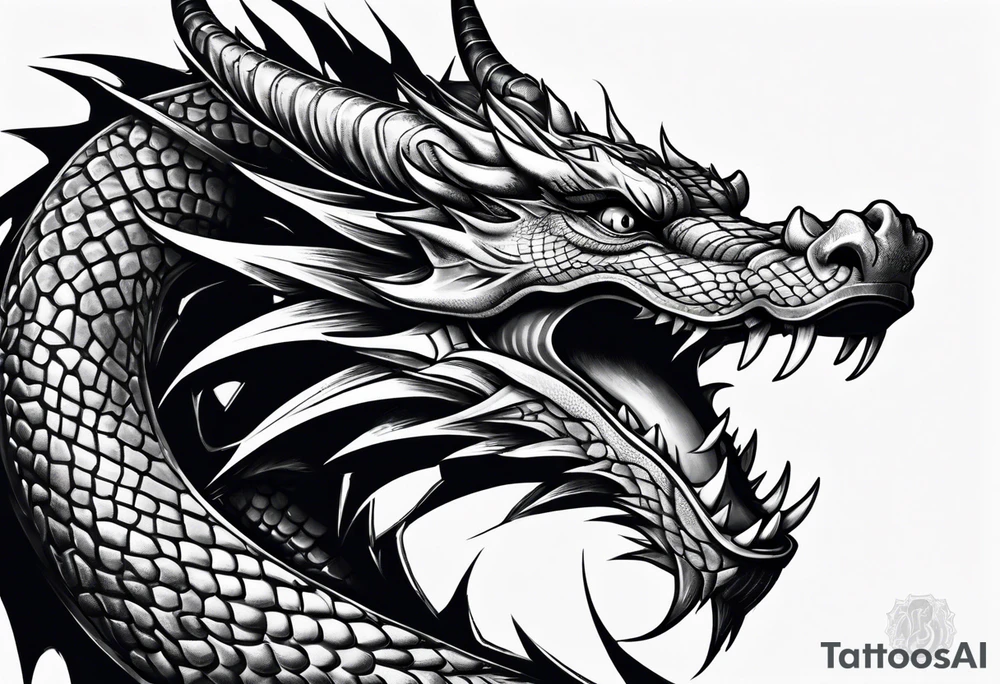 Dragon with dumbbell in mouth tattoo idea
