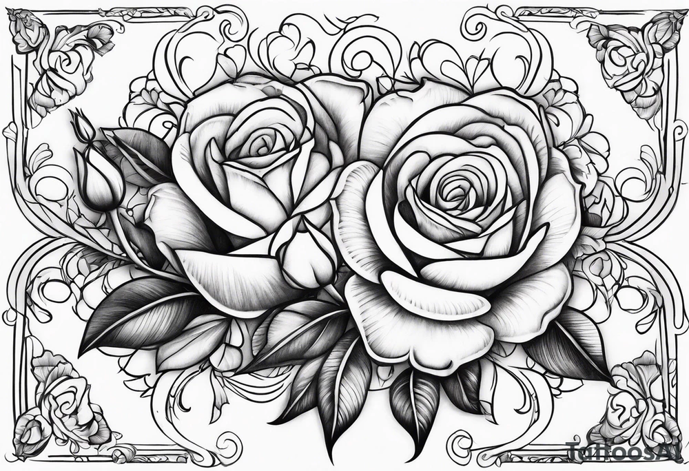 Roses and tulips with decorative swirls tattoo idea