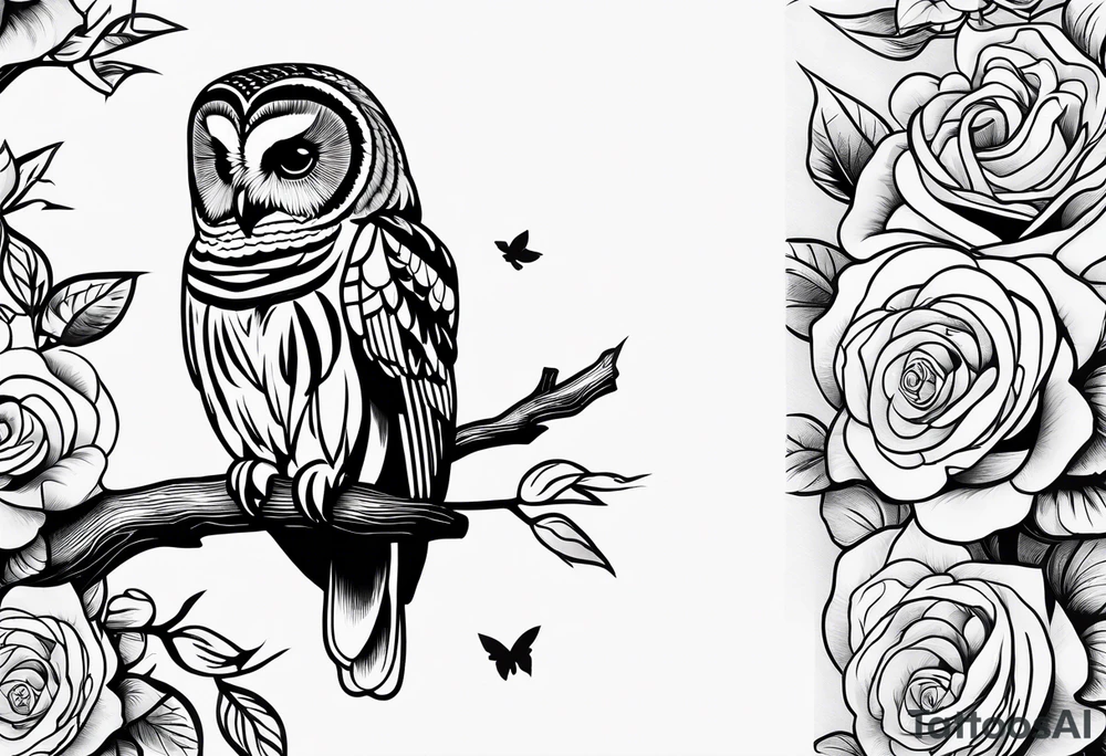Barred owl and a rose with writing “but the greatest of these is love” tattoo idea