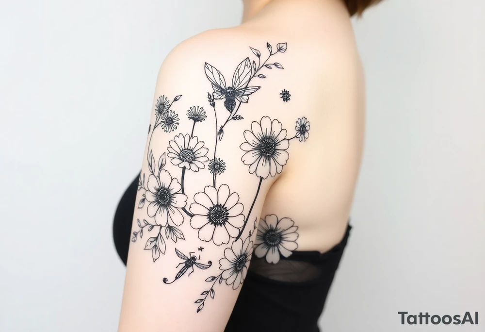 shoulder and three quarter sleeve.  Include crow, honey bee, dandelion puffball, daisy, poppy flower, hawaii flower, dragon flower, the word believe, sprite fairy, dog wood flower, dates: 01/20/85, 5/31/91, 6/10/99, surrounded by floral ornaments and leaves tattoo idea
