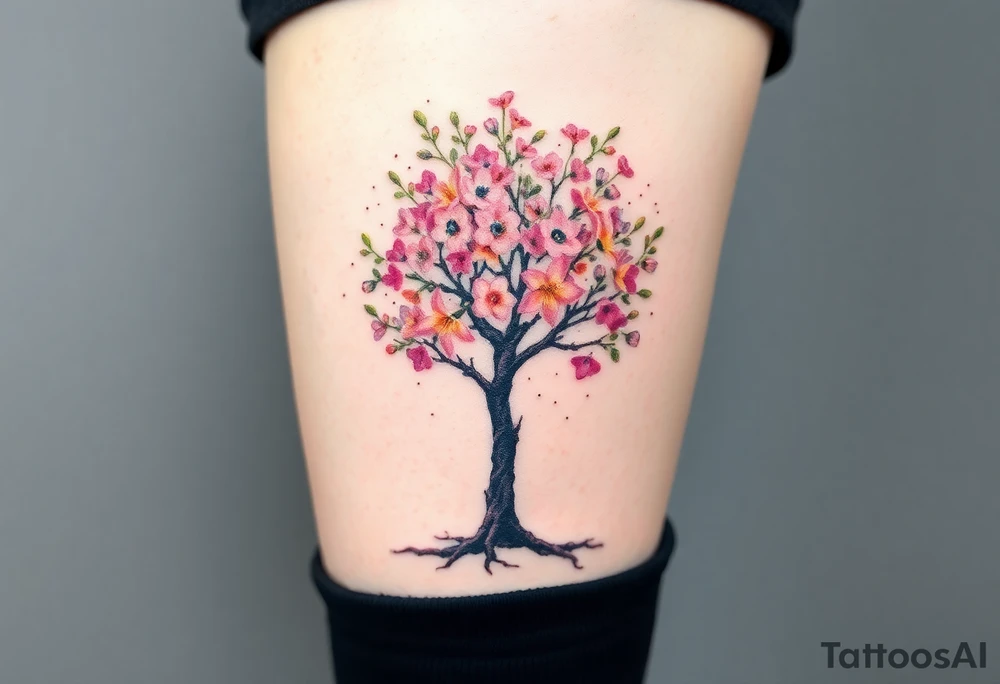 Flowering Hawthorn tree with  lillys planted on each side of the Hawthorn tree tattoo idea