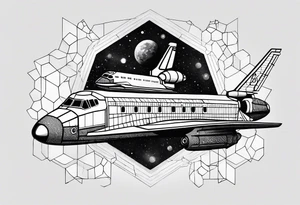 black and white space shuttle on black background made of hexagons tattoo idea