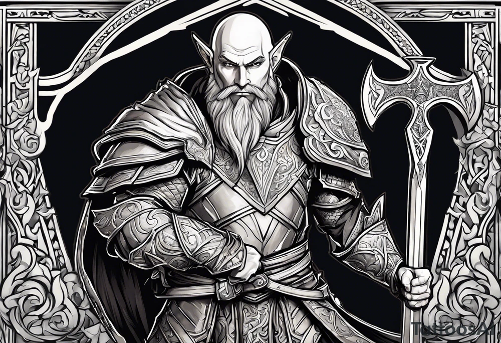 a full-body picture of a 30-year-old, human elf, bearded bald male, paladin, holding a battle axe, tattoo idea