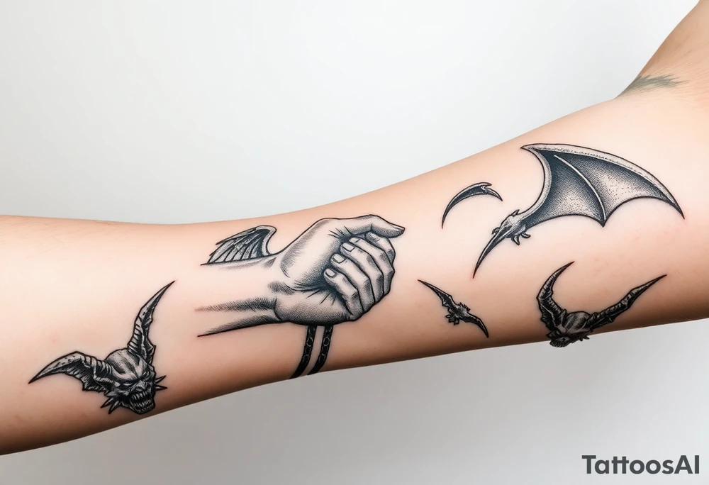 Angel grabing for mans hand ass he's being pulled to hell by demons tattoo idea