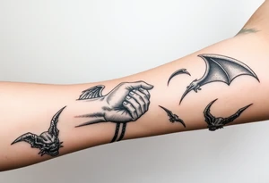 Angel grabing for mans hand ass he's being pulled to hell by demons tattoo idea