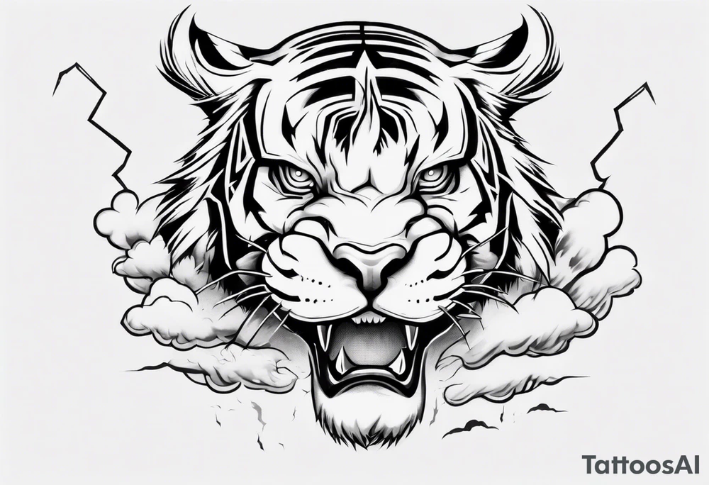 A thundergod tiger forearm tattoo, with lightning and clouds filling the area tattoo idea