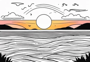 You're adding way too much. hand drawn minimal sunset. Only Ocean and sunset in the image. Very calm waters with barely any waves. tattoo idea