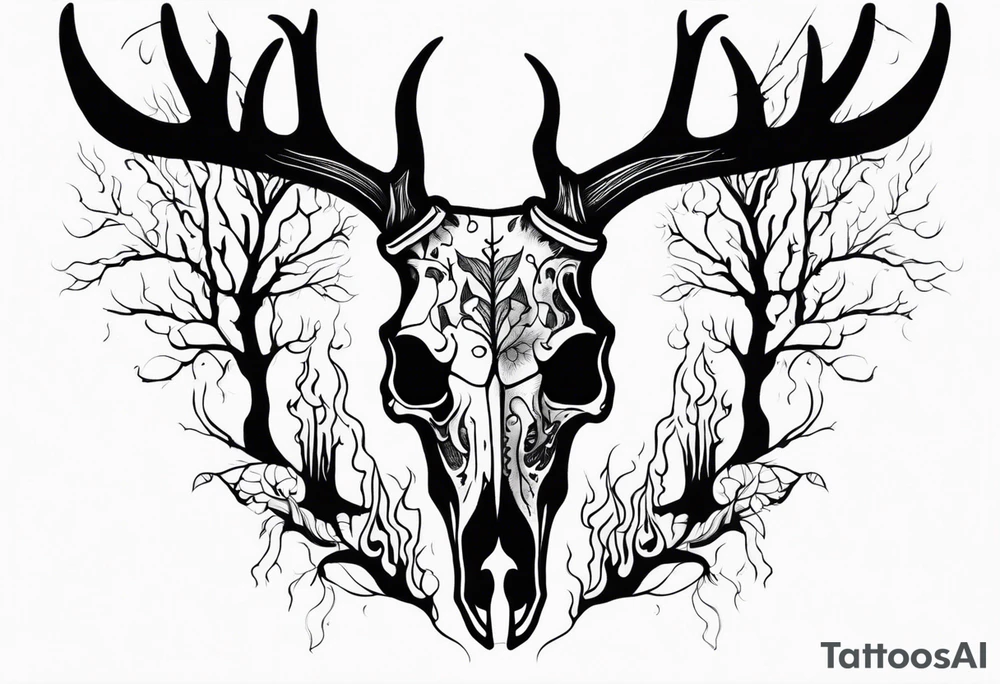 Halloween side profile of a DECAYING deer skull JUST BONE surrounded by a flames and trees in background tattoo idea