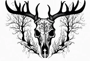 Halloween side profile of a DECAYING deer skull JUST BONE surrounded by a flames and trees in background tattoo idea