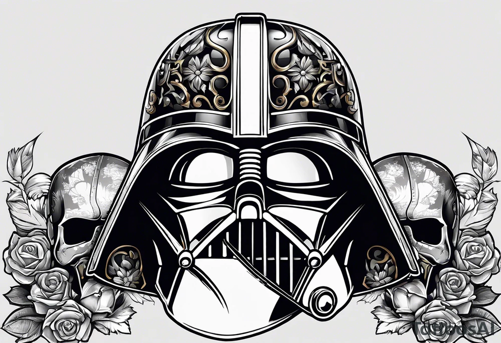 Darth Vader helmet cut in half and other half skull in Roman gladiator style tattoo idea