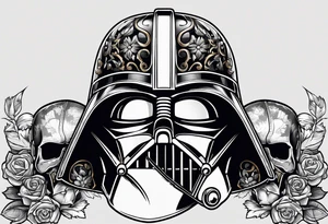 Darth Vader helmet cut in half and other half skull in Roman gladiator style tattoo idea