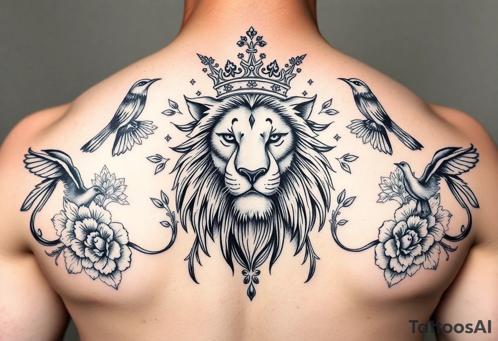powerful majestic lion with a crown, surrounded by floral ornaments and birds tattoo idea