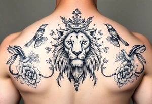 powerful majestic lion with a crown, surrounded by floral ornaments and birds tattoo idea
