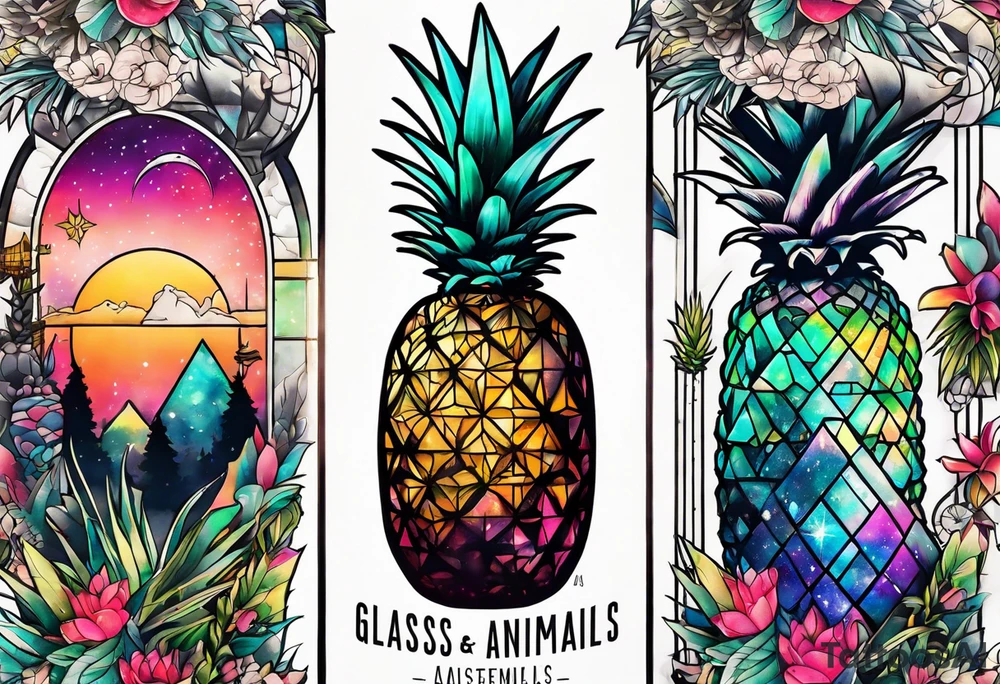 tattoo of glass animals in Amsterdam canal featuring colours of galaxies and the universe and pineapples tattoo idea