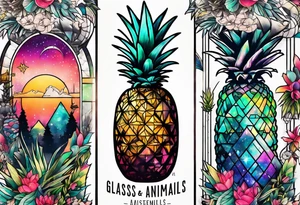 tattoo of glass animals in Amsterdam canal featuring colours of galaxies and the universe and pineapples tattoo idea