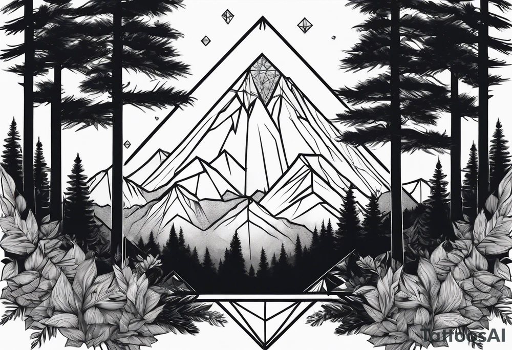 a forest along the edges with mountains below and in the distance with full trees and a diamond in the middle tattoo idea