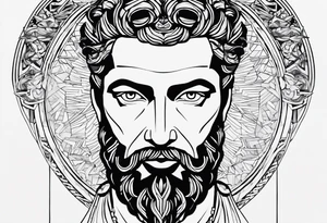 The Face of marcus aurelius with the lower left half missing. He is looking slightly away at 25 degrees. Geometric symbols framing the background tattoo idea