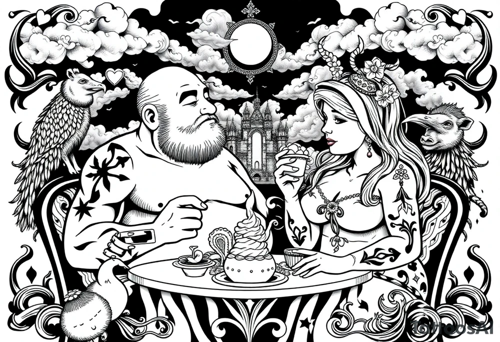 Naked Man and fat woman having sex eating cupcakes and  fruit  having sexy naked fat lady having a tea party with tea pots  with medieval castle  
with mystical  aries a pigs, peacock,  lion, goat, noose and smoking cigerettes looking in the mirror thru storm clouds and broken hearts and darkness and wrath, envy , gluttony, greed, sloth, pride . Gothic tattoo idea