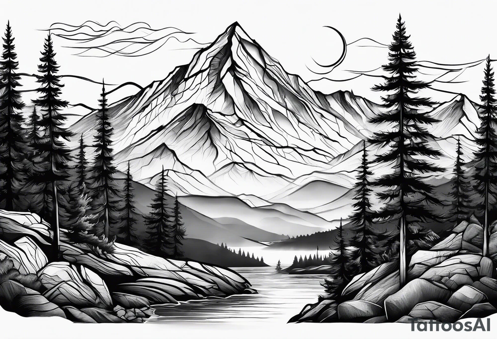Fineline mountain scene tattoo idea