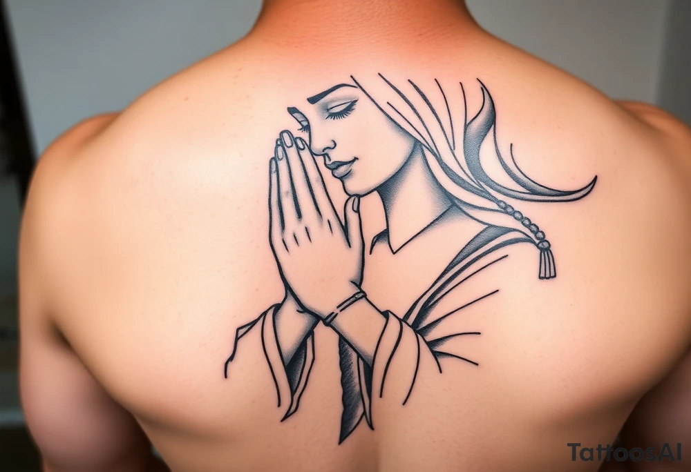 Chicano style woman with praying hands and rosary tattoo idea