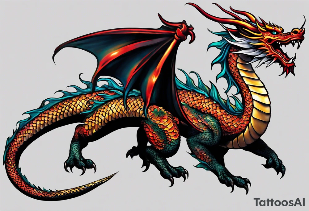 An epic floating asian dragon. Its long body coiling dynamically, with scales and horns detailed to create a sense of movement and strength. The dragon's color is giving a vibrant depth and a mystical aura. This tattoo highlights the dragon’s fierce expression and sharp claws. tattoo idea