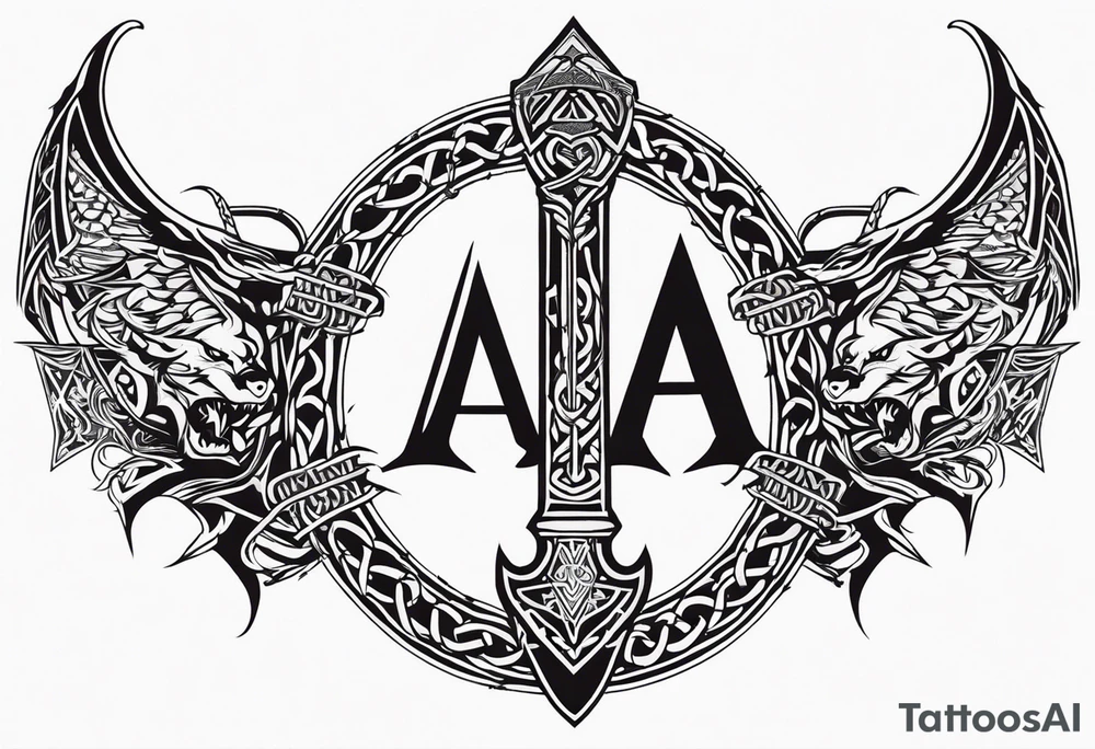 Valhalla sword shield dragon axe Valknut barbed wire chains tribal tattoo idea