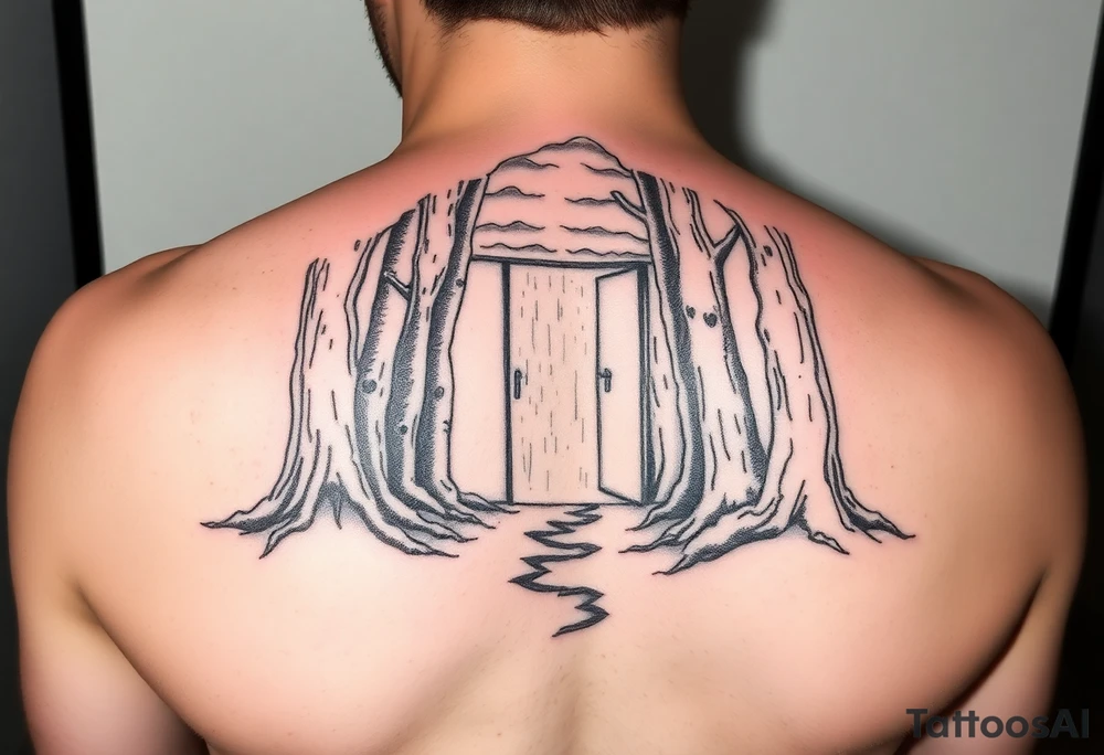 A wooded area with a doorway that is slightly ajar, leading to space tattoo idea
