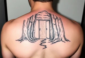 A wooded area with a doorway that is slightly ajar, leading to space tattoo idea