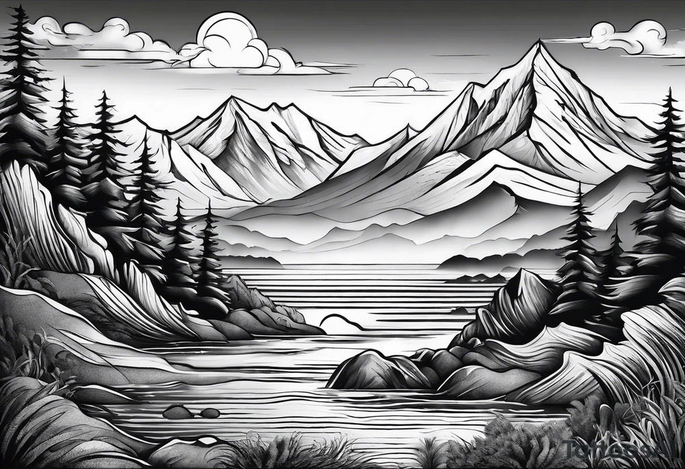Mountains and ocean waves tattoo idea