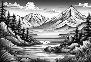 Mountains and ocean waves tattoo idea