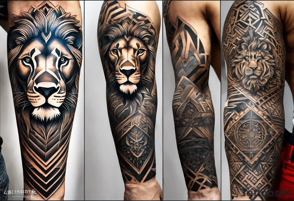 A full tattoo sleeve designed with a strong, masculine aesthetic, featuring a powerful lion as the centerpiece. The lion, symbolizing strength, courage, and leadership, is depicted with intricate detail and dynamic shading, capturing its fierce expression and majestic mane. Surrounding the lion, incorporate geometric patterns that add structure and contrast to the design. These patterns are bold and angular, creating a sense of order and symmetry that complements the natural form of the lion. The geometric elements are woven around the lion, emphasizing its central position while providing a modern, edgy backdrop. The shading throughout the sleeve is deep and dramatic, enhancing the contrast between the organic features of the lion and the precise lines of the geometric patterns. The overall design is bold, intense, and visually striking, combining the raw power of the lion with the clean, ordered aesthetic of geometric patterns for a cohesive and masculine tattoo sleeve. tattoo idea