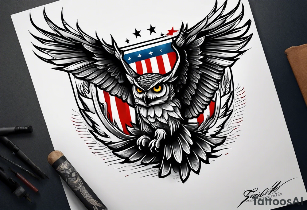 angry owl swooping down with talons holding an american flag tattoo idea