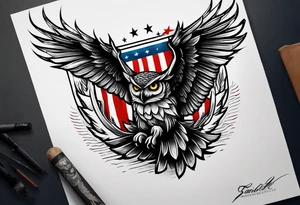 angry owl swooping down with talons holding an american flag tattoo idea