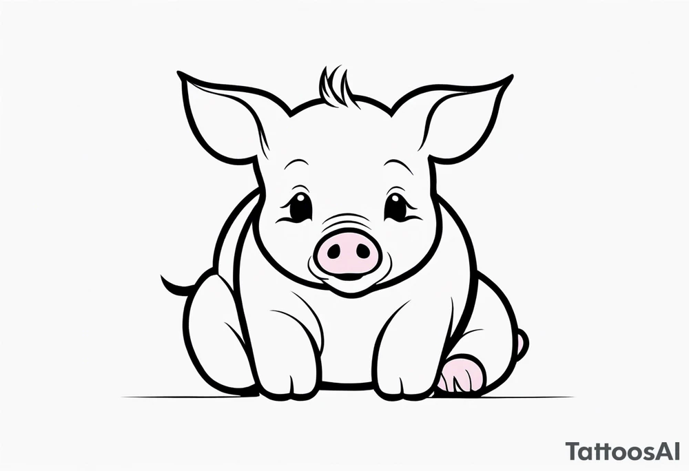 very cute chubby happy piglet.
outline only.
black and white only.
only show the piglet. no extra lines or decoration.
no black shading.
dont make the ears too big.
draw very thin lines tattoo idea