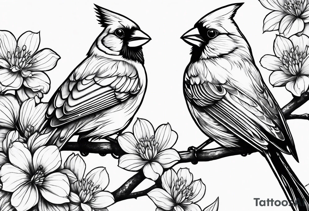 Flowers, 2 birds, cardinal hiraeth tattoo idea