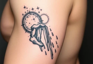 A solar system with the stars falling into a waterfall and turning into rain drops tattoo idea