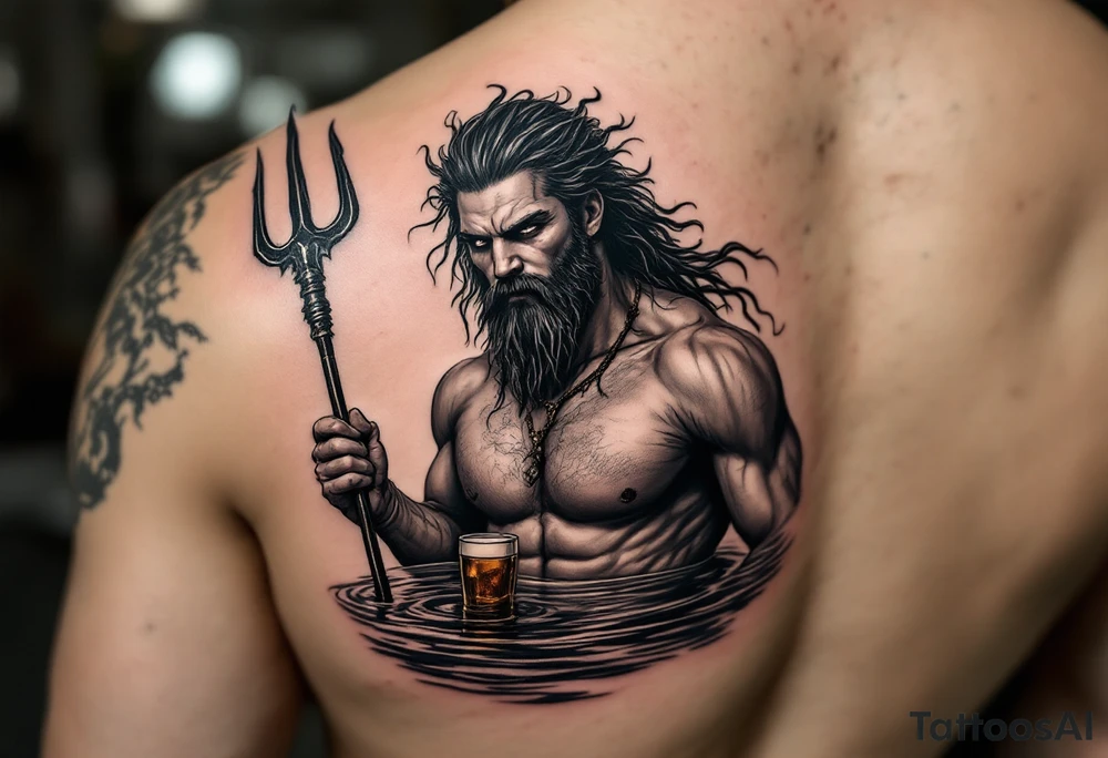 young, fit poseidon in calm water, holding a trident, holding a beer, with sunset tattoo idea