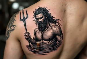 young, fit poseidon in calm water, holding a trident, holding a beer, with sunset tattoo idea