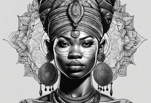 guerreiro Ogun africano realista de corpo inteiro em preto e cinza com tons de azul
 no fudo de savana tattoo idea