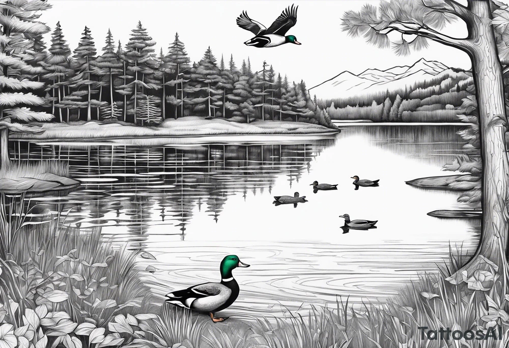 Wooded area with lake, mallards flying, and a model t tattoo idea