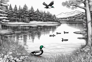 Wooded area with lake, mallards flying, and a model t tattoo idea