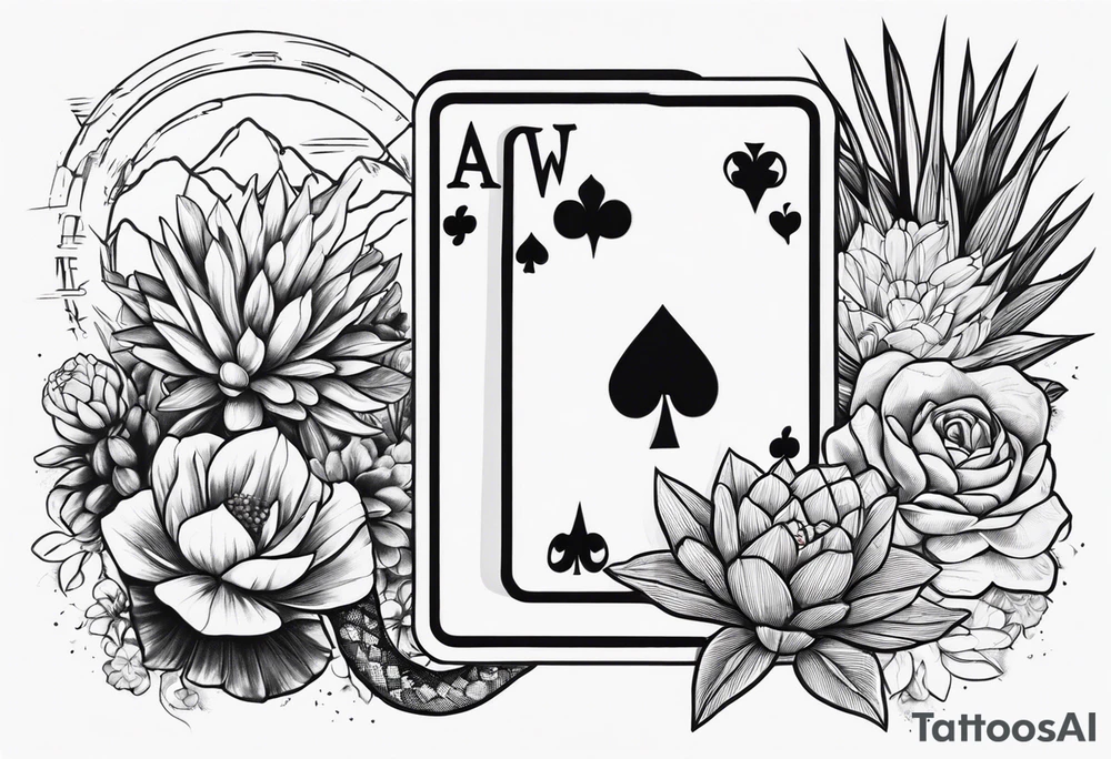 womens western sticker tattoo arm sleeve with playing cards, snakes, and cactuses with flowers in the background tattoo idea