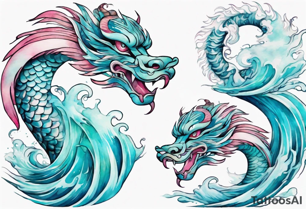 a turquoise and white and pink feathered serpent with beautiful eyes emerging from the blue waves of the ocean tattoo idea