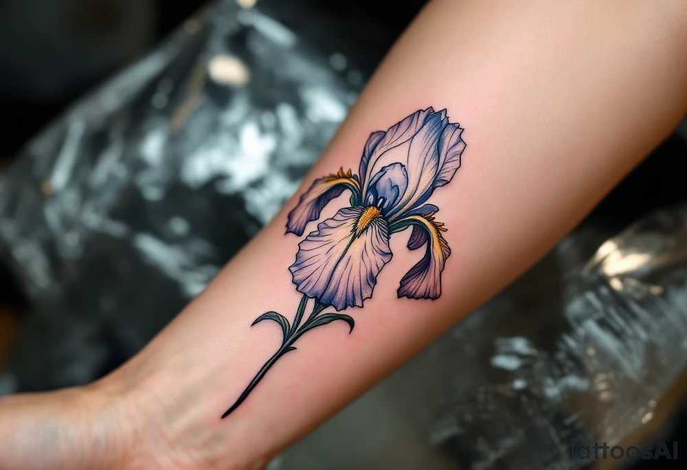 big iris flower with the name “IRIS” written in the stem of the flower in cursive on the outside of the forearm tattoo idea